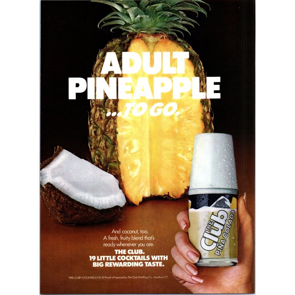 1981 The Club Pina Colada Cocktail Mixer Vintage Print Ad Pineapple Bar Wall Art